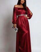 JojoFashion Rochie de ocazie lunga burgundy din satin vaporoasa cu maneca lunga Larisa