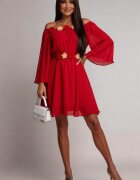 JojoFashion Rochie de ocazie scurta rosie din voal vaporoasa cu maneca lunga Raisa