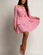 JojoFashion Rochie de ocazie scurta roz din voal cu maneca lunga Raisa