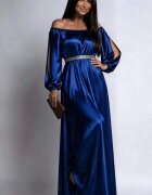 JojoFashion Rochie de seara lunga din satin albastra vaporoasa cu maneca lunga Larisa