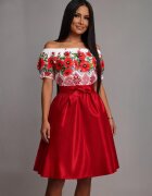 JojoFashion Rochie de zi midi traditionala in clos din tafta rosie cu maci Adana