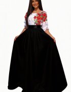 JojoFashion Rochie lunga neagra traditionala din tafta cu maci rosii Anna