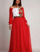 JojoFashion Rochie lunga rosie din voal cu motive traditionale vaporoasa Emanuela