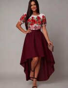 JojoFashion Rochie midi cu motive traditionale din tafta burgundy cu maci Byanca