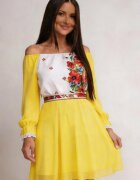 JojoFashion Rochie scurta galbena cu maci din voal cu motive traditionale Loredana