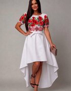 JojoFashion Rochie traditionala asimetrica tafta alba si maci cu trena Byanca