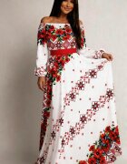 JojoFashion Rochie traditionala lunga alba cu maci rosii Lorelei
