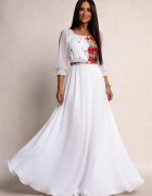 JojoFashion Rochie traditionala lunga alba din voal vaporoasa cu maci rosii Emanuela