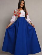 JojoFashion Rochie traditionala lunga din tafta albastra cu maci rosii Anna
