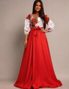 JojoFashion Rochie traditionala lunga din tafta rosie cu maci Anna