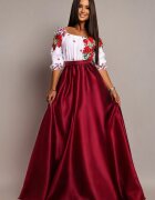 JojoFashion Rochie traditionala lunga tafta burgundy cu maci rosii Anna