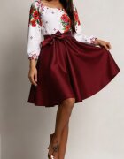 JojoFashion Rochie traditionala midi din tafta burgundy cu maci Azra