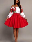 JojoFashion Rochie traditionala midi din tafta rosie cu maci Azra