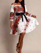 JojoFashion Rochie traditionala scurta alba cu maci rosii Lesya