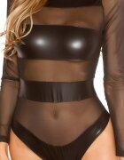 Koucla Body dama negru cu benzi transparente din tul si PU Mesh