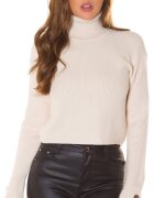 Koucla Pulover dama tricotat crop bej cu guler inalt Faylinn