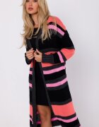 MOE Cardigan dama midi din acryl negru cu dungi corai Fatime