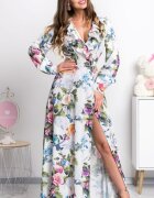 Numoco Rochie alba lunga cu flori multicolore cu maneca lunga suprapusa Rosella