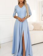 Numoco Rochie de ocazie eleganta baby blue cu dantela pe bust si maneca lunga Allegria