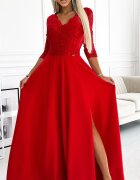 Numoco Rochie de seara eleganta rosie cu dantela cu maneca lunga Allegria