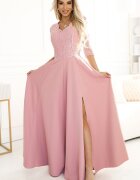 Numoco Rochie de seara eleganta roz pudra din dantela cu maneca lunga Allegria