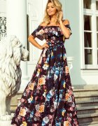 Numoco Rochie de vara lunga neagra cu flori colorate cu umerii goi si volane Georgia