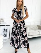 Numoco Rochie de vara lunga neagra cu flori ecru vaporoasa plisata Isolda