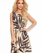 Numoco Rochie de vara midi evazata bej cu print verde Britany
