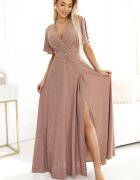 Numoco Rochie eleganta lunga cappuccino din brocard petrecuta Kasandra
