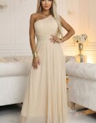Numoco Rochie eleganta lunga cu glitter bej sampanie vaporoasa cu un umar gol Azzurra