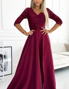 Numoco Rochie eleganta lunga din dantela burgundy cu maneca Allegria