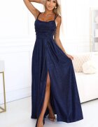 Numoco Rochie eleganta lunga glitter bleumarin navy cu bust tip corset Precious