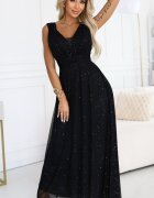 Numoco Rochie eleganta lunga neagra din brocard vaporoasa Melania