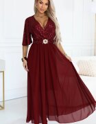 Numoco Rochie eleganta lunga rosie-burgundy cu bustul din paiete vaporoasa Elvia