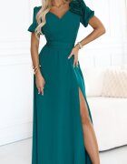 Numoco Rochie eleganta lunga verde cu trandafir pe bust vaporoasa Rosalinda