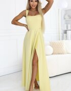 Numoco Rochie galbena eleganta lunga din brocart evazata AureliaN