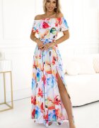 Numoco Rochie lunga alba cu flori multicolore vaporoasa cu umerii goi si volane Georgia