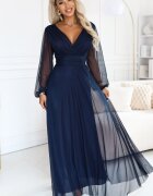 Numoco Rochie lunga bleumarin din tulle cu maneca lunga Nerissa