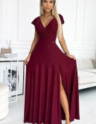 Numoco Rochie lunga burgundy din glitter petrecuta crapata pe picior Cristaliza