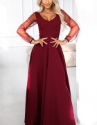 Numoco Rochie lunga clasica burgundy cu maneca lunga vaporoasa Lorretta