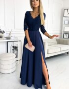 Numoco Rochie lunga cu dantela pe bust bleumarin cu maneca trei sferturi Allegria