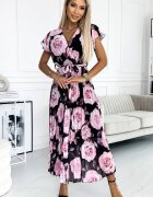 Numoco Rochie lunga de vara neagra cu flori roz vaporoasa plisata Isolda