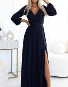 Numoco Rochie lunga din brocard bleumarin navy cu maneca lunga Roselia