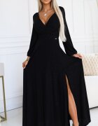 Numoco Rochie lunga neagra din brocard cu maneca lunga Roselia