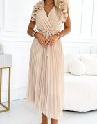 Numoco Rochie lunga plisata din chiffon bej cu volane vaporoasa Kamra