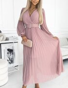 Numoco Rochie lunga plisata din chiffon roz pudrat cu maneca lunga vaporoasa Vaneira