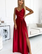 Numoco Rochie lunga rosie din satin crapata pe picior Scarlett