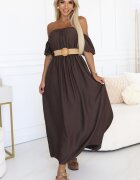 Numoco Rochie lunga vascoza maro ciocolata boho cu umerii goi vaporoasa Marlowe