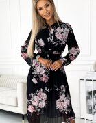Numoco Rochie neagra cu flori roz plisata midi cu maneca lunga vaporoasa Ruth