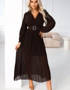 Numoco Rochie plisata lunga din chiffon maro ciocolata cu maneca lunga vaporoasa Vaneira